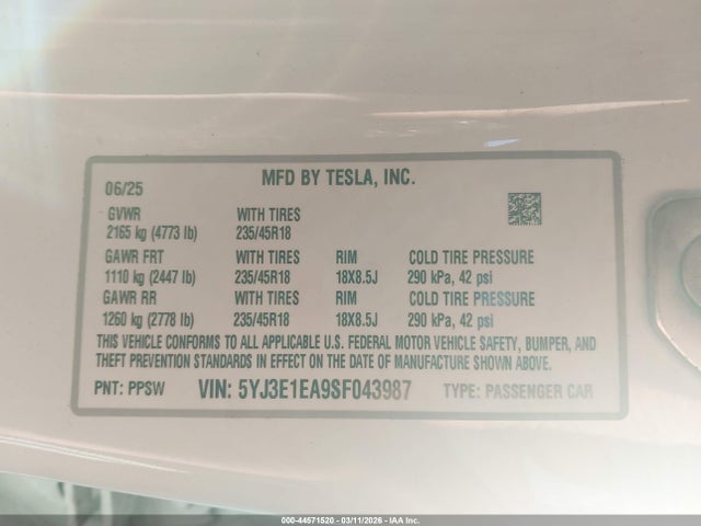 2025 Tesla Model 3 Long Range Rear-wheel Drive/standard Rear-wheel Drive მანქანა იყიდება აუქციონზე, vin: 5YJ3E1EA9SF043987, აუქციონის ნომერი: 44571520