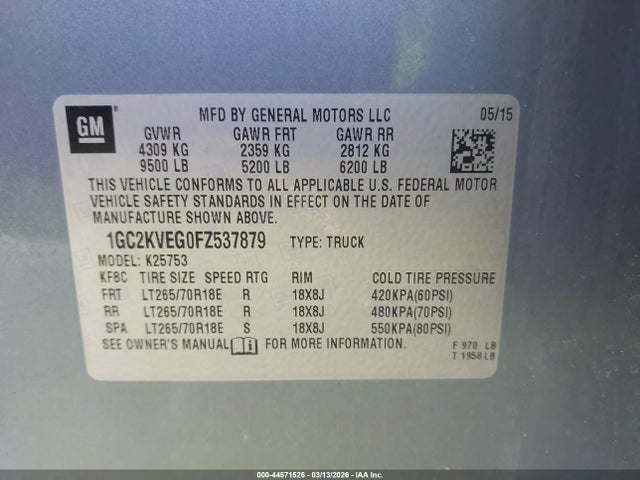 44571526 :رقم المزاد ، 1GC2KVEG0FZ537879 vin ، 2015 Chevrolet Silverado 2500hd Lt مزاد بيع