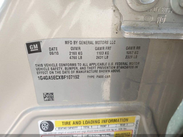 2011 Buick Lacrosse Cx მანქანა იყიდება აუქციონზე, vin: 1G4GA5ECXBF107192, აუქციონის ნომერი: 44571537