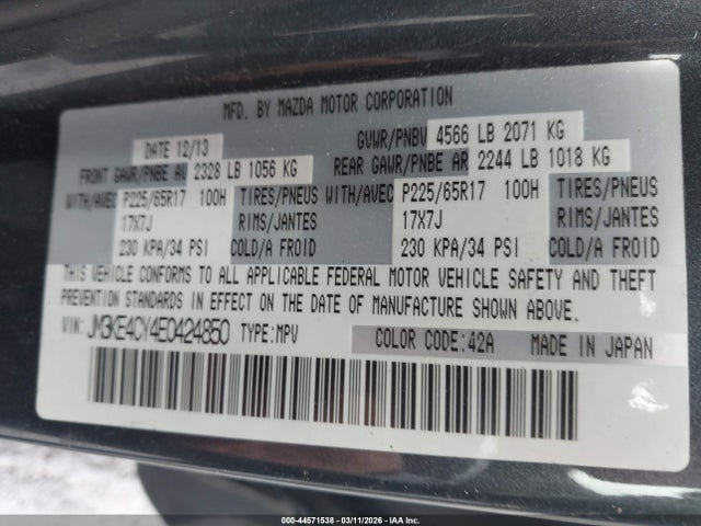 44571538 :رقم المزاد ، JM3KE4CY4E0424850 vin ، 2014 Mazda Cx-5 Touring مزاد بيع