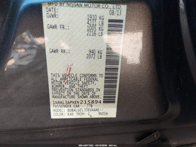 Aukcja sprzedaży 2014 Nissan Altima 2.5 Sv, vin: 1N4AL3APXEN215894, numer aukcji: 44571552