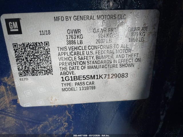 2019 Chevrolet Cruze Lt მანქანა იყიდება აუქციონზე, vin: 1G1BE5SM1K7129083, აუქციონის ნომერი: 44571559
