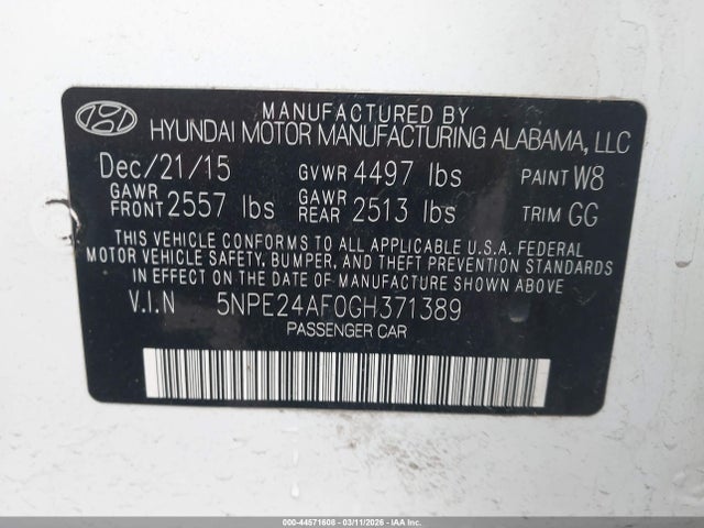 2016 Hyundai Sonata Se მანქანა იყიდება აუქციონზე, vin: 5NPE24AF0GH371389, აუქციონის ნომერი: 44571608