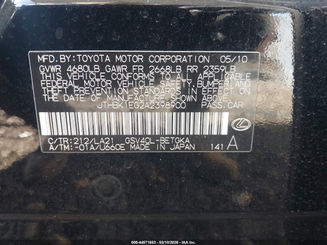 Aukcja sprzedaży 2010 Lexus Es 350, vin: JTHBK1EG2A2398900, numer aukcji: 44571653