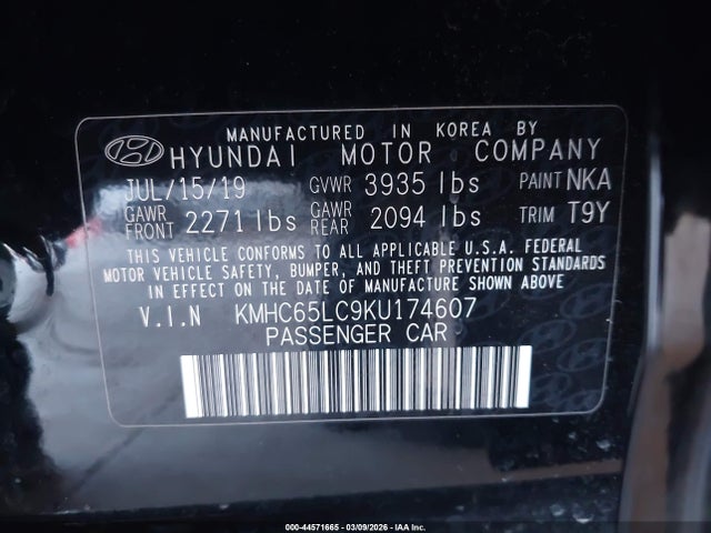 KMHC65LC9KU174607 Hyundai Ioniq Hybrid Blue