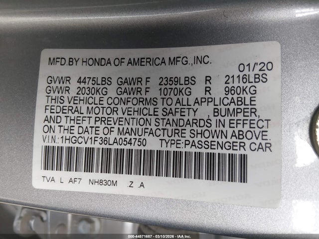2020 HONDA ACCORD 1HGCV1F36LA054750 Photo 8
