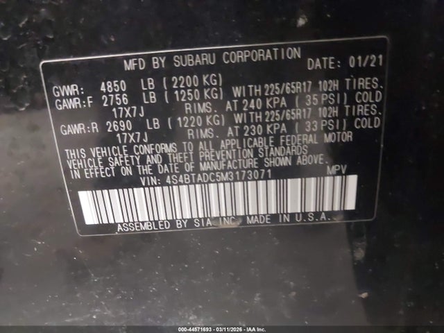 44571693 :رقم المزاد ، 4S4BTADC5M3173071 vin ، 2021 Subaru Outback Premium مزاد بيع