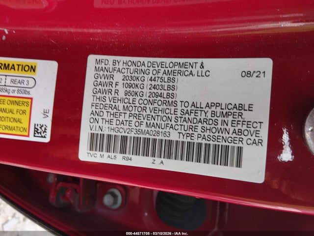 Aukcja sprzedaży 2021 Honda Accord Sport 2.0t, vin: 1HGCV2F35MA028163, numer aukcji: 44571705