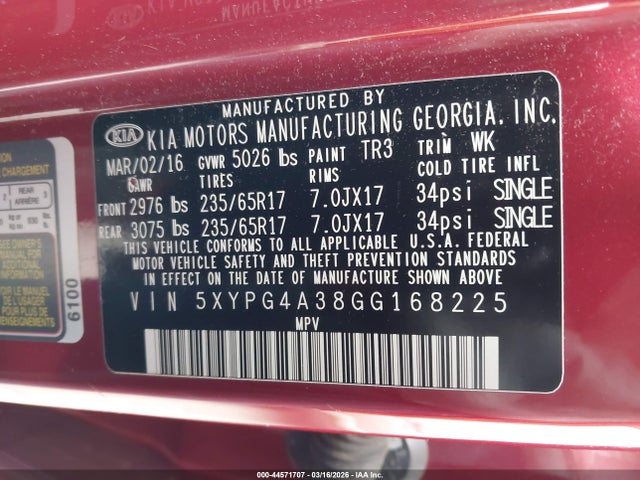44571707 :رقم المزاد ، 5XYPG4A38GG168225 vin ، 2016 Kia Sorento 2.4l Lx مزاد بيع