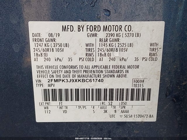 Ford EDGE SEL 2019 2FMPK3J9XKBC61740 Image 9