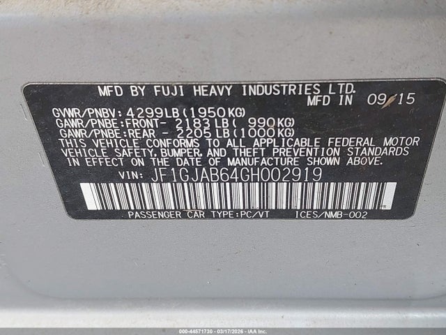44571730 :رقم المزاد ، JF1GJAB64GH002919 vin ، 2016 Subaru Impreza 2.0i Premium مزاد بيع