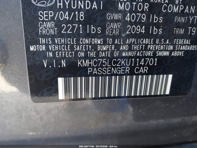 KMHC75LC2KU114701 Hyundai Ioniq Hybrid Sel