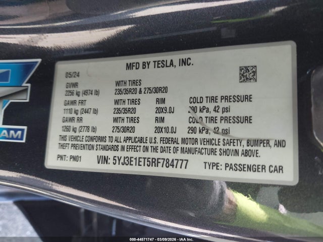 Продажа на аукционе авто 2024 Tesla Model 3 Performance All-wheel Drive, vin: 5YJ3E1ET5RF784777, номер лота: 44571747