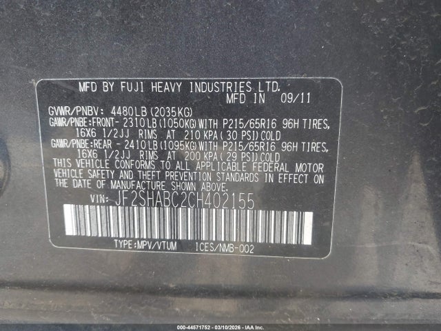 Aukcja sprzedaży 2012 Subaru Forester 2.5x, vin: JF2SHABC2CH402155, numer aukcji: 44571752