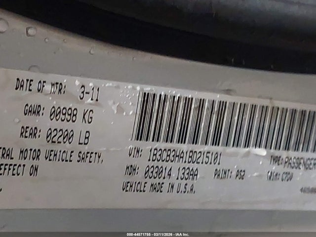 44571755 :رقم المزاد ، 1B3CB3HA1BD215101 vin ، 2011 Dodge Caliber Mainstreet مزاد بيع