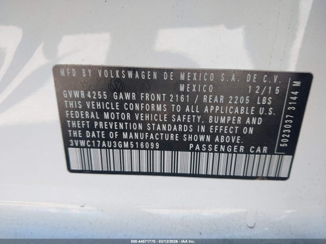 44571770 :رقم المزاد ، 3VWC17AU3GM516099 vin ، 2016 Volkswagen Golf Sportwagen Tsi S 4-door مزاد بيع