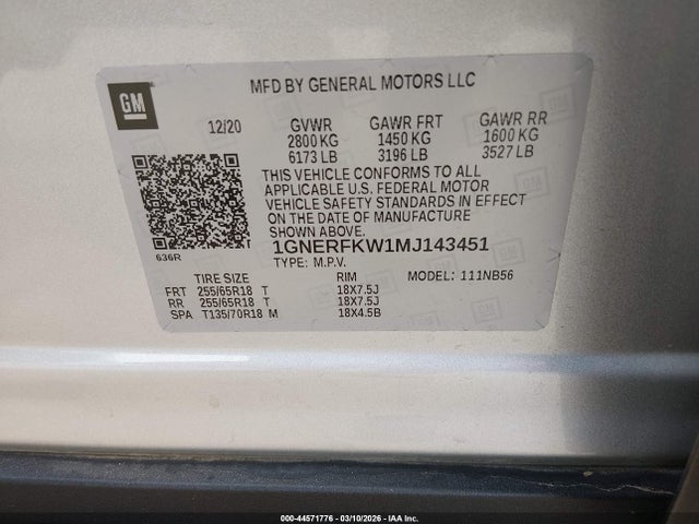 44571776 :رقم المزاد ، 1GNERFKW1MJ143451 vin ، 2021 Chevrolet Traverse Fwd Ls مزاد بيع