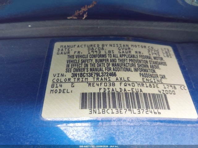 Продаж на аукціоні авто 2009 Nissan Versa 1.8s, vin: 3N1BC13E79L372466, номер лоту: 44571783