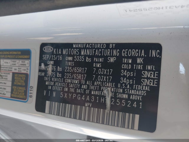 5XYPG4A31HG255241 KIA Sorento 2.4l Lx