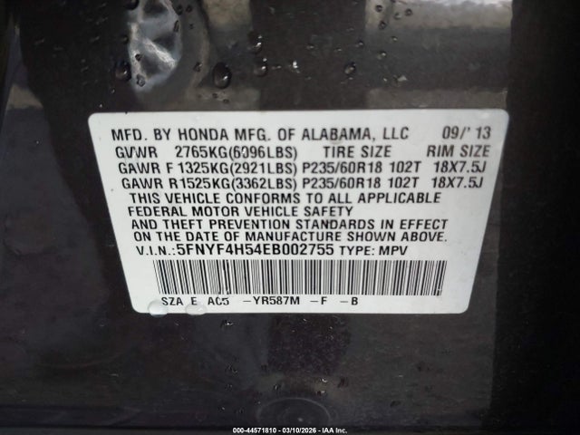 Honda Pilot Ex-l 2014 5FNYF4H54EB002755 Image 9