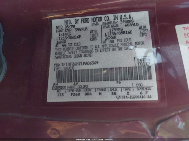 Продаж на аукціоні авто 1990 Ford F250, vin: 1FTHF26H7LPA86364, номер лоту: 44571829
