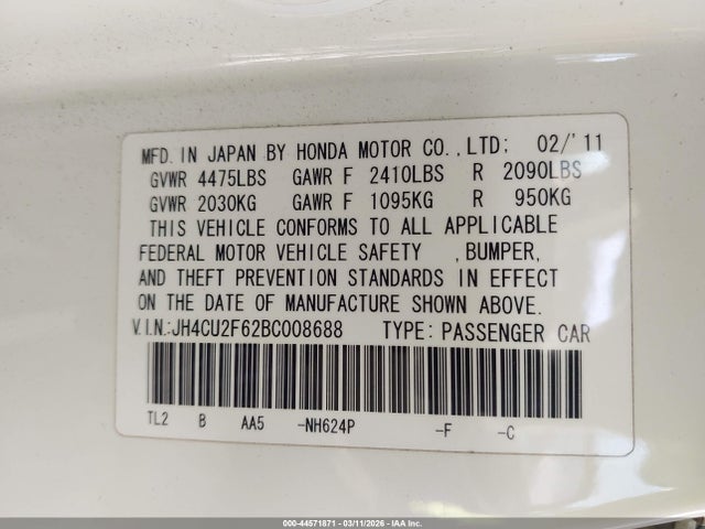 44571871 :رقم المزاد ، JH4CU2F62BC008688 vin ، 2011 Acura Tsx 2.4 مزاد بيع