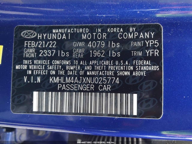 KMHLM4AJXNU025774 Hyundai Elantra Hybrid Blue