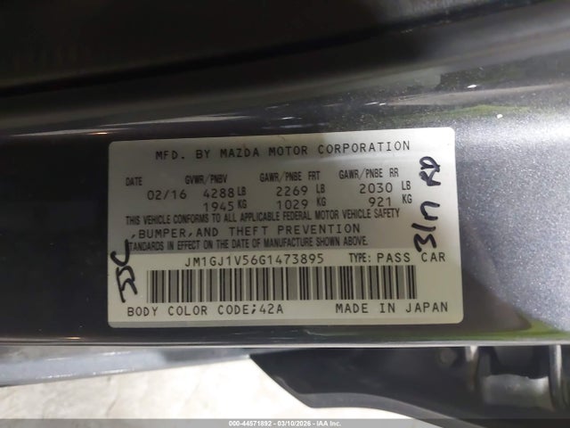 Продажа на аукционе авто 2016 Mazda Mazda6 I Touring, vin: JM1GJ1V56G1473895, номер лота: 44571892
