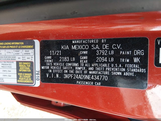 2022 Kia Forte Lxs მანქანა იყიდება აუქციონზე, vin: 3KPF24AD9NE434770, აუქციონის ნომერი: 44571902