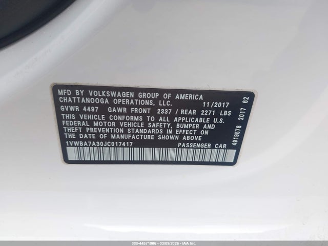 44571906 :رقم المزاد ، 1VWBA7A30JC017417 vin ، 2018 Volkswagen Passat 2.0t Se مزاد بيع