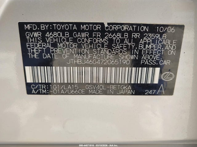 2007 Lexus Es 350 მანქანა იყიდება აუქციონზე, vin: JTHBJ46G472065190, აუქციონის ნომერი: 44571916