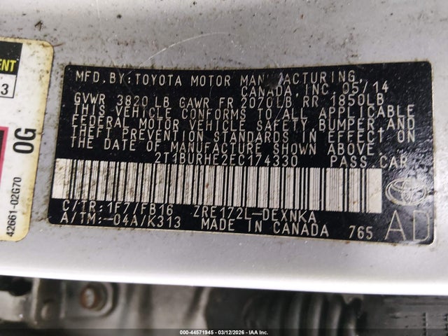 2014 Toyota Corolla Le მანქანა იყიდება აუქციონზე, vin: 2T1BURHE2EC174330, აუქციონის ნომერი: 44571945