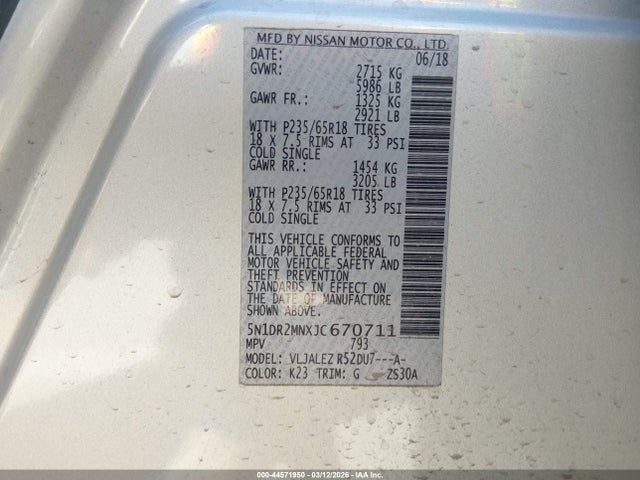 44571950 :رقم المزاد ، 5N1DR2MNXJC670711 vin ، 2018 Nissan Pathfinder Sv مزاد بيع