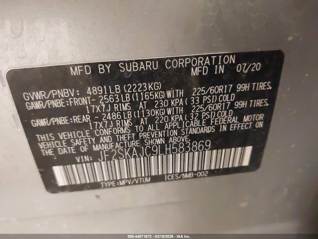 Aukcja sprzedaży 2020 Subaru Forester Premium, vin: JF2SKAJC9LH583869, numer aukcji: 44571972