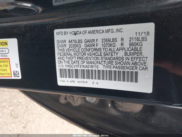 1HGCV1F31KA018110 Honda Accord Sport