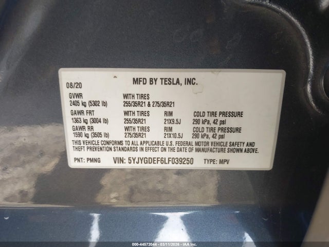 44572044 :رقم المزاد ، 5YJYGDEF6LF039250 vin ، 2020 Tesla Model Y Long Range Dual Motor All-wheel Drive/performance Dual Motor All-wheel Drive مزاد بيع