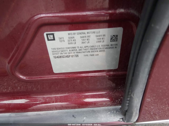 44572046 :رقم المزاد ، 1G4GB5G34GF181726 vin ، 2016 Buick Lacrosse Leather مزاد بيع