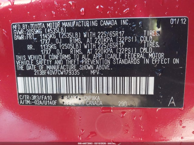 Aukcja sprzedaży 2012 Toyota Rav4, vin: 2T3BF4DV7CW179335, numer aukcji: 44572063