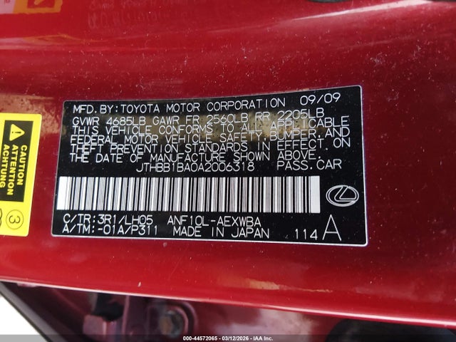 44572065 :رقم المزاد ، JTHBB1BA0A2006318 vin ، 2010 Lexus Hs 250h Premium مزاد بيع