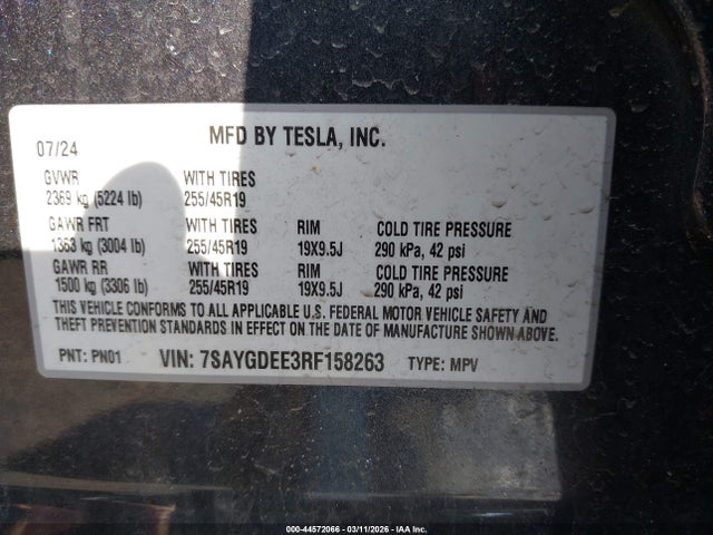 44572066 :رقم المزاد ، 7SAYGDEE3RF158263 vin ، 2024 Tesla Model Y Long Range Dual Motor All-wheel Drive مزاد بيع