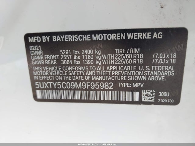 Auction sale of the 2021 Bmw X3 Xdrive30i, vin: 5UXTY5C09M9F95982, lot number: 44572078