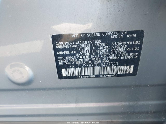 2020 Subaru Forester Touring მანქანა იყიდება აუქციონზე, vin: JF2SKAXC0LH427520, აუქციონის ნომერი: 44572087
