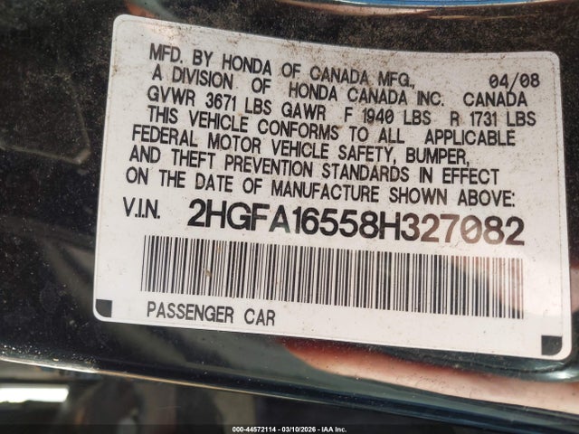 44572114 :رقم المزاد ، 2HGFA16558H327082 vin ، 2008 Honda Civic Lx مزاد بيع