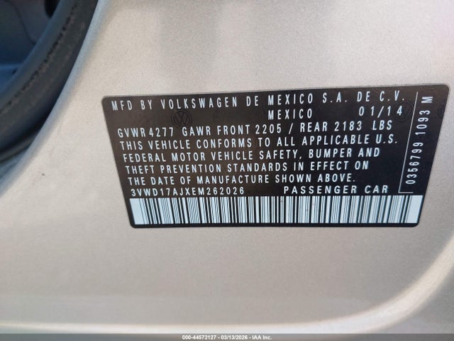 44572127 :رقم المزاد ، 3VWD17AJXEM262026 vin ، 2014 Volkswagen Jetta 1.8t Se مزاد بيع