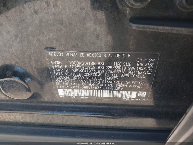 44572138 :رقم المزاد ، 3CZRZ1H56RM740336 vin ، 2024 Honda Hr-v 2wd Sport/2wd Sport W/o Bsi مزاد بيع