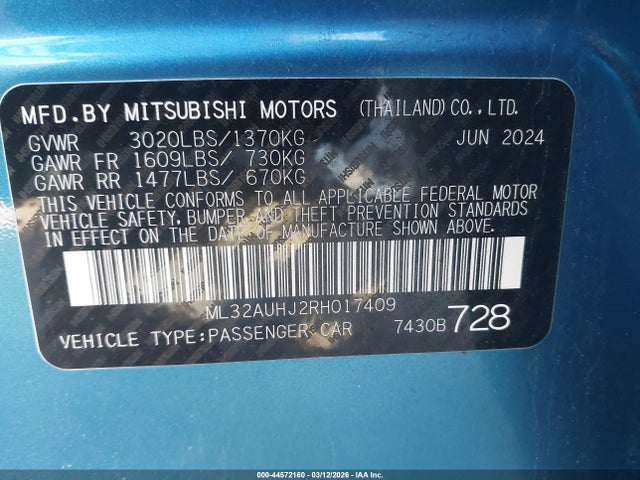 2024 Mitsubishi Mirage Es/le მანქანა იყიდება აუქციონზე, vin: ML32AUHJ2RH017409, აუქციონის ნომერი: 44572160