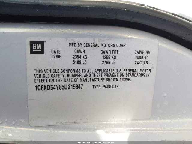 44572163 :رقم المزاد ، 1G6KD54Y85U215347 vin ، 2005 Cadillac Deville Standard مزاد بيع