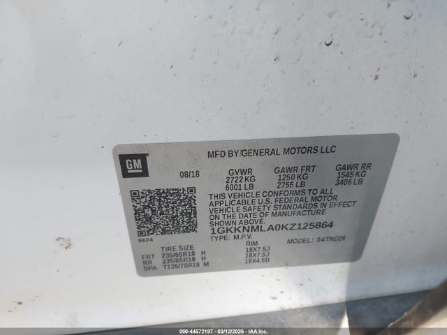 Продажа на аукционе авто 2019 Gmc Acadia Slt-1, vin: 1GKKNMLA0KZ125864, номер лота: 44572197