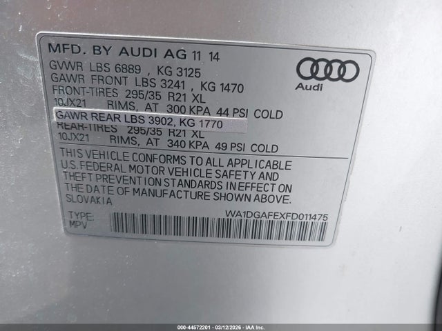 2015 Audi Q7 3.0t S Line Prestige მანქანა იყიდება აუქციონზე, vin: WA1DGAFEXFD011475, აუქციონის ნომერი: 44572201
