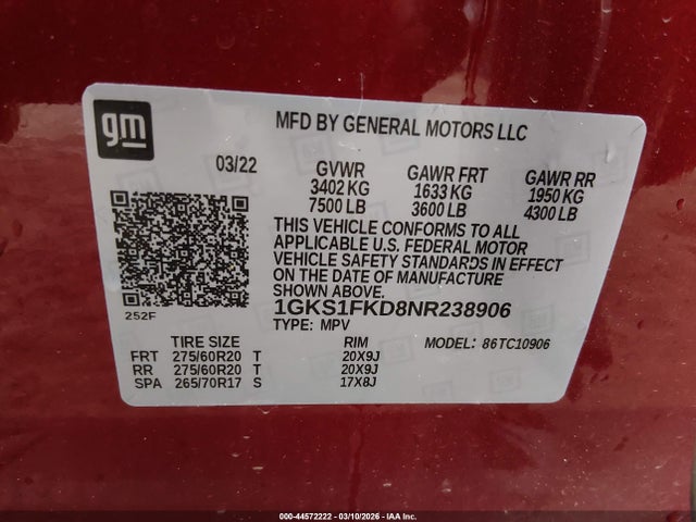 Aukcja sprzedaży 2022 Gmc Yukon Xl 2wd Sle, vin: 1GKS1FKD8NR238906, numer aukcji: 44572222